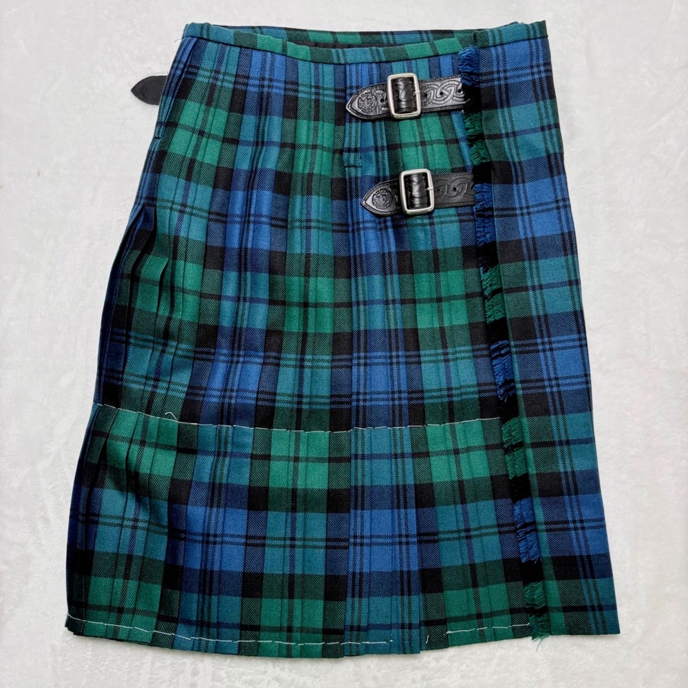 USA Kilts Green Blue Tartan Plaid Kilt Leather Buckle Straps 29 Waist 23.5 L